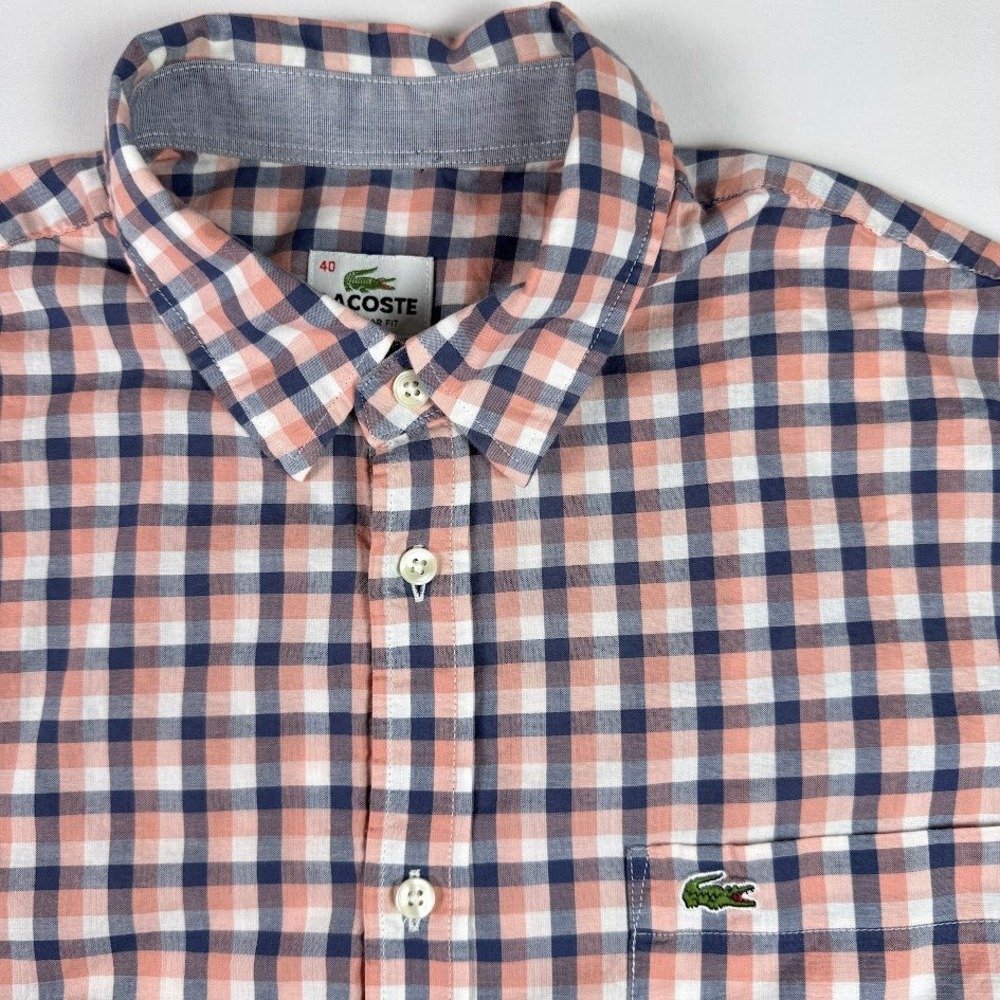 Lacoste Mens Gingham Check Button Down Shirt Pink Navy White Size 40 Regular